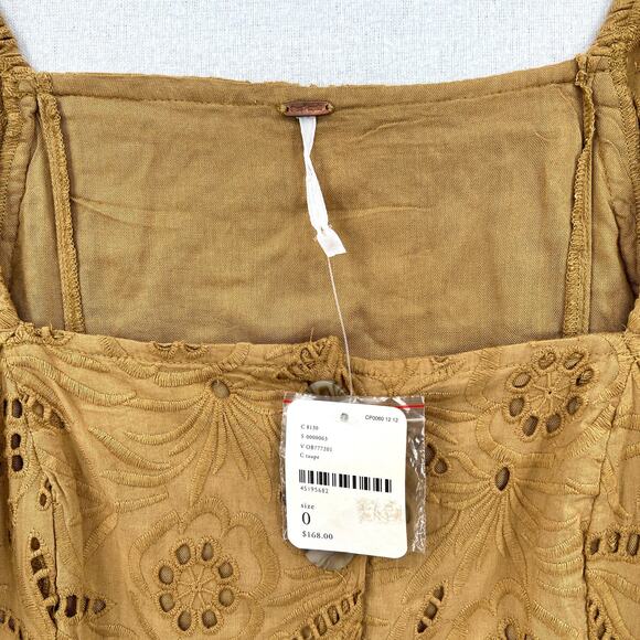 FREE PEOPLE Daniella Mini Dress Women 0 Taupe Embroidered Eyelet Puff Sleeve NEW - Picture 9 of 14